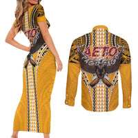 Samoa Pago Pago Aeto Couples Matching Short Sleeve Bodycon Dress and Long Sleeve Button Shirt Bald Eagle with Polynesian Art Tattoos - Polynesian Pride
