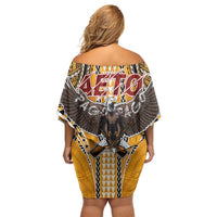 Samoa Pago Pago Aeto Off Shoulder Short Dress Bald Eagle with Polynesian Art Tattoos - Polynesian Pride
