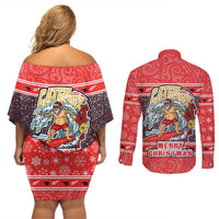 New Zealand Christmas Couples Matching Off Shoulder Short Dress and Long Sleeve Button Shirts Santa Catch The Wave Maori Pattern Retro Style LT03 - Polynesian Pride