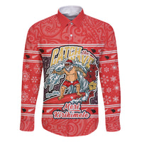 New Zealand Christmas Family Matching Mermaid Dress and Hawaiian Shirt Santa Catch The Wave Maori Pattern Retro Style LT03 Dad's Shirt - Long Sleeve Red - Polynesian Pride