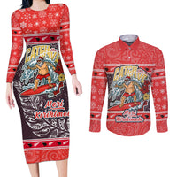 Custom New Zealand Christmas Couples Matching Long Sleeve Bodycon Dress and Long Sleeve Button Shirts Santa Catch The Wave Maori Pattern Retro Style LT03 Red - Polynesian Pride