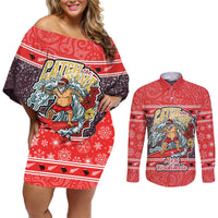 Custom New Zealand Christmas Couples Matching Off Shoulder Short Dress and Long Sleeve Button Shirts Santa Catch The Wave Maori Pattern Retro Style LT03 Red - Polynesian Pride