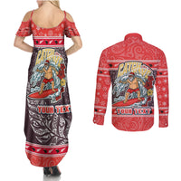 Custom New Zealand Christmas Couples Matching Summer Maxi Dress and Long Sleeve Button Shirts Santa Catch The Wave Maori Pattern Retro Style LT03 - Polynesian Pride