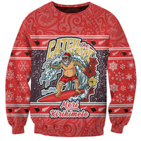 Custom New Zealand Christmas Sweatshirt Santa Catch The Wave Maori Pattern Retro Style LT03 Unisex Red - Polynesian Pride