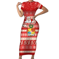 Tonga Christmas Short Sleeve Bodycon Dress The Santa Coat of Arms with Ngatu and Snow Pattern LT03 Long Dress Red - Polynesian Pride