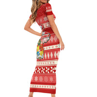 Tonga Christmas Short Sleeve Bodycon Dress The Santa Coat of Arms with Ngatu and Snow Pattern LT03 - Polynesian Pride
