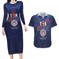 Custom Rugby Toa Samoa Couples Matching Long Sleeve Bodycon Dress and Hawaiian Shirt Champions Six Eight Five LT03 Blue - Polynesian Pride