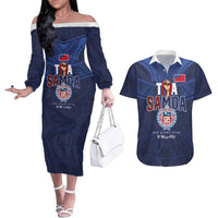 Custom Rugby Toa Samoa Couples Matching Off The Shoulder Long Sleeve Dress and Hawaiian Shirt Champions Six Eight Five LT03 Blue - Polynesian Pride