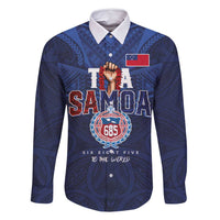 Custom Rugby Toa Samoa Family Matching Off Shoulder Short Dress and Hawaiian Shirt Champions Six Eight Five LT03 Dad's Shirt - Long Sleeve Blue - Polynesian Pride
