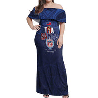 Custom Rugby Toa Samoa Off Shoulder Maxi Dress Champions Six Eight Five LT03 Women Blue - Polynesian Pride