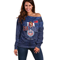 Custom Rugby Toa Samoa Off Shoulder Sweater Champions Six Eight Five LT03 Women Blue - Polynesian Pride