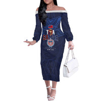 Custom Rugby Toa Samoa Off The Shoulder Long Sleeve Dress Champions Six Eight Five LT03 Women Blue - Polynesian Pride