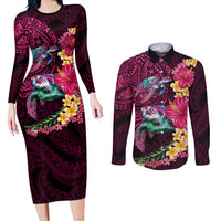 Hawaiian Plumeria and Hibiscus with Turtles Couples Matching Long Sleeve Bodycon Dress and Long Sleeve Button Shirt Polynesian Art Red Color - Polynesian Pride