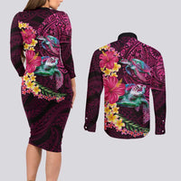 Hawaiian Plumeria and Hibiscus with Turtles Couples Matching Long Sleeve Bodycon Dress and Long Sleeve Button Shirt Polynesian Art Red Color - Polynesian Pride