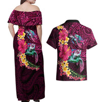 Hawaiian Plumeria and Hibiscus with Turtles Couples Matching Off Shoulder Maxi Dress and Hawaiian Shirt Polynesian Art Red Color - Polynesian Pride