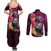 Hawaiian Plumeria and Hibiscus with Turtles Couples Matching Summer Maxi Dress and Long Sleeve Button Shirt Polynesian Art Red Color - Polynesian Pride