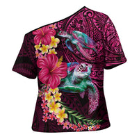 Hawaiian Plumeria and Hibiscus with Turtles Cross Shoulder Shirt Polynesian Art Red Color - Polynesian Pride