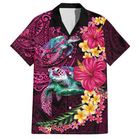 Hawaiian Plumeria and Hibiscus with Turtles Family Matching Long Sleeve Bodycon Dress and Hawaiian Shirt Polynesian Art Red Color - Polynesian Pride