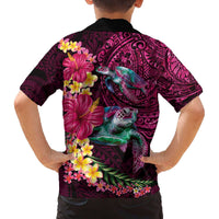 Hawaiian Plumeria and Hibiscus with Turtles Family Matching Off The Shoulder Long Sleeve Dress and Hawaiian Shirt Polynesian Art Red Color - Polynesian Pride