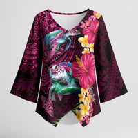 Hawaiian Plumeria and Hibiscus with Turtles Kimono Sleeve Blouse Polynesian Art Red Color - Polynesian Pride