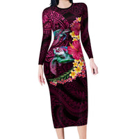 Hawaiian Plumeria and Hibiscus with Turtles Long Sleeve Bodycon Dress Polynesian Art Red Color - Polynesian Pride