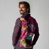 Hawaiian Plumeria and Hibiscus with Turtles Long Sleeve Polo Shirt Polynesian Art Red Color - Polynesian Pride