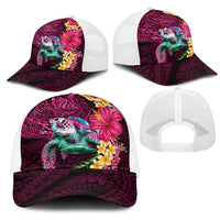 Hawaiian Plumeria and Hibiscus with Turtles Mesh Trucker Cap Polynesian Art Red Color - Polynesian Pride
