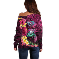 Hawaiian Plumeria and Hibiscus with Turtles Off Shoulder Sweater Polynesian Art Red Color - Polynesian Pride