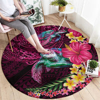 Hawaiian Plumeria and Hibiscus with Turtles Round Carpet Polynesian Art Red Color - Polynesian Pride