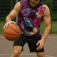 Hawaiian Plumeria and Hibiscus with Turtles Sleeveless Hoodie Polynesian Art Red Color - Polynesian Pride