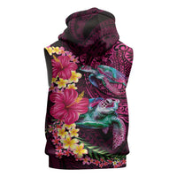 Hawaiian Plumeria and Hibiscus with Turtles Sleeveless Zip Hoodie Polynesian Art Red Color - Polynesian Pride