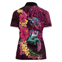 Hawaiian Plumeria and Hibiscus with Turtles Women Polo Shirt Polynesian Art Red Color - Polynesian Pride