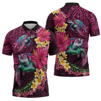 Hawaiian Plumeria and Hibiscus with Turtles Zipper Polo Shirt Polynesian Art Red Color - Polynesian Pride