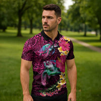 Hawaiian Plumeria and Hibiscus with Turtles Zipper Polo Shirt Polynesian Art Red Color - Polynesian Pride