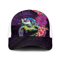 Hawaiian Plumeria and Hibiscus with Turtles Baseball Net Cap Polynesian Art Purple Color - Polynesian Pride