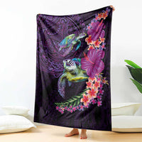 Hawaiian Plumeria and Hibiscus with Turtles Blanket Polynesian Art Purple Color - Polynesian Pride
