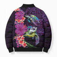 Hawaiian Plumeria and Hibiscus with Turtles Bomber Puffer Jacket Polynesian Art Purple Color - Polynesian Pride