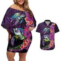 Hawaiian Plumeria and Hibiscus with Turtles Couples Matching Off Shoulder Short Dress and Hawaiian Shirt Polynesian Art Purple Color - Polynesian Pride