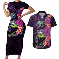 Hawaiian Plumeria and Hibiscus with Turtles Couples Matching Short Sleeve Bodycon Dress and Hawaiian Shirt Polynesian Art Purple Color - Polynesian Pride