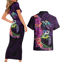 Hawaiian Plumeria and Hibiscus with Turtles Couples Matching Short Sleeve Bodycon Dress and Hawaiian Shirt Polynesian Art Purple Color - Polynesian Pride