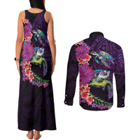Hawaiian Plumeria and Hibiscus with Turtles Couples Matching Tank Maxi Dress and Long Sleeve Button Shirt Polynesian Art Purple Color - Polynesian Pride