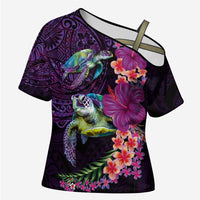Hawaiian Plumeria and Hibiscus with Turtles Cross Shoulder Shirt Polynesian Art Purple Color - Polynesian Pride