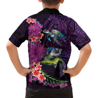 Hawaiian Plumeria and Hibiscus with Turtles Family Matching Off The Shoulder Long Sleeve Dress and Hawaiian Shirt Polynesian Art Purple Color - Polynesian Pride