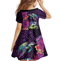Hawaiian Plumeria and Hibiscus with Turtles Family Matching Off Shoulder Short Dress and Hawaiian Shirt Polynesian Art Purple Color - Polynesian Pride