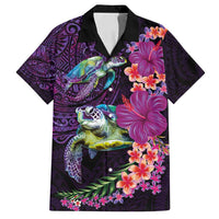 Hawaiian Plumeria and Hibiscus with Turtles Family Matching Off Shoulder Short Dress and Hawaiian Shirt Polynesian Art Purple Color - Polynesian Pride