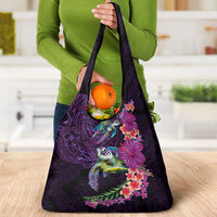 Hawaiian Plumeria and Hibiscus with Turtles Grocery Bag Polynesian Art Purple Color - Polynesian Pride