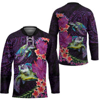 Hawaiian Plumeria and Hibiscus with Turtles Hockey Jersey Polynesian Art Purple Color LT03 - Polynesian Pride