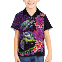 Hawaiian Plumeria and Hibiscus with Turtles Kid Hawaiian Shirt Polynesian Art Purple Color - Polynesian Pride
