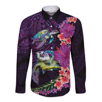 Hawaiian Plumeria and Hibiscus with Turtles Long Sleeve Button Shirt Polynesian Art Purple Color - Polynesian Pride
