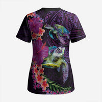 Hawaiian Plumeria and Hibiscus with Turtles Scrub Top Polynesian Art Purple Color - Polynesian Pride